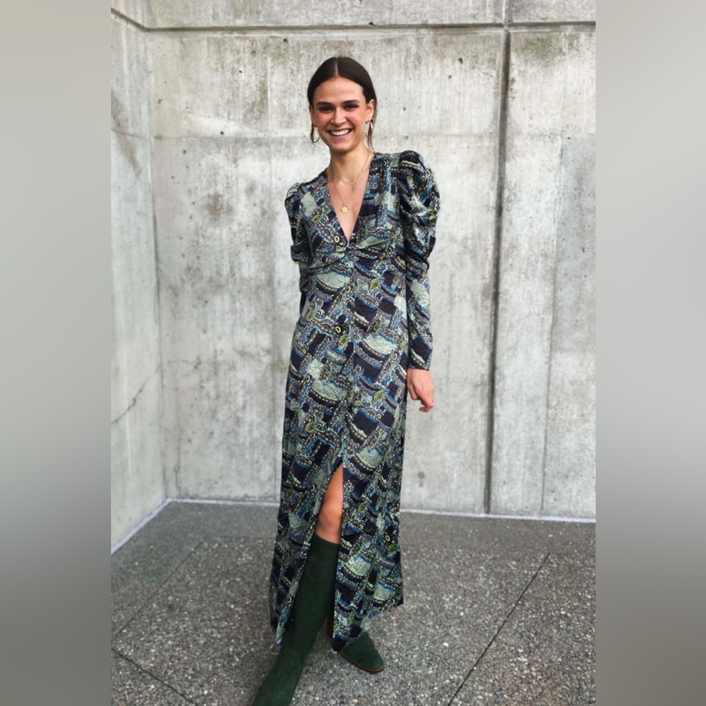 GANNI Crinkle Satin Maxi Dress Paisley Weave